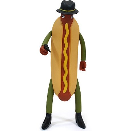 Helmut, the Hot Dog Man figure by Will Sweeney, produced by Amos Toys. Front view.