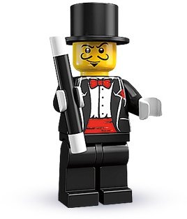 Magician figure by Lego, produced by Lego. Front view.