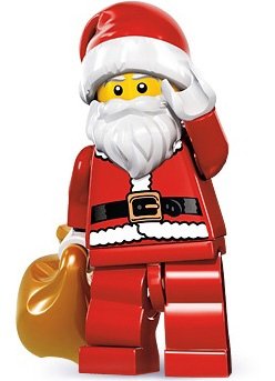 Santa figure by Lego, produced by Lego. Front view.