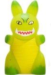 Green Kaiju figure by Frank Kozik, produced by Kidrobot. Front view.