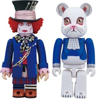 Mad Hatter & White Rabbit Kubrick Be@rbrick 100% set figure by Disney, produced by Medicom Toy. Front view.