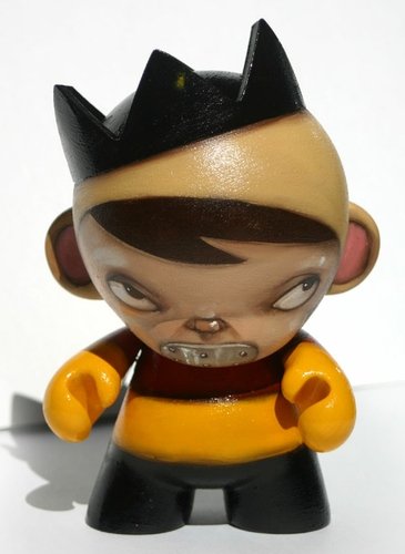 Boy with Bear Hood, Crown figure by Kathie Olivas, produced by Kidrobot. Front view.