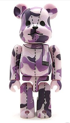 Bape Play Be@rbrick S1 - purple camo figure by Bape, produced by Medicom Toy. Front view.