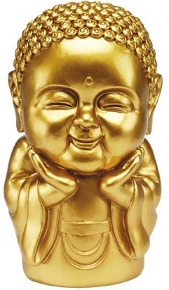 Buddha Bank, Happiness (Gold) figure, produced by Rocket Usa. Front view.