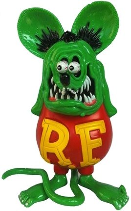 Rat Fink Sofubi toy Green figure by Ed Roth, produced by Mooneyes. Front view.