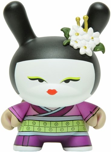 Purple Geisha figure by Huck Gee, produced by Kidrobot. Front view.