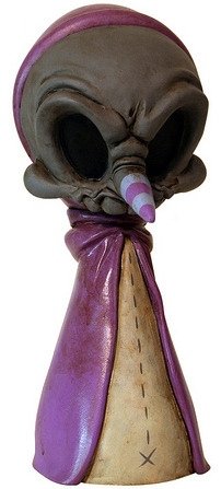 Purple Greeter Skelve figure by Kathie Olivas, produced by Circus Posterus. Front view.