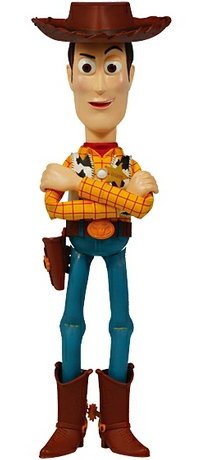 Woody UDF No.132 figure by Disney X Pixar, produced by Medicom Toy. Front view.