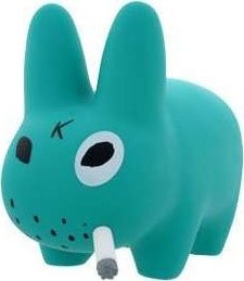 Smorkin Labbit Teal 10 figure by Frank Kozik, produced by Kidrobot. Front view.