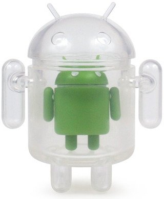 Clear Android figure by Google Inc, produced by Dyzplastic. Front view.