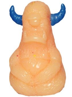 Buddha Stroll - Peach & Blue figure by John Spanky Stokes X Scott Kinnebrew, produced by Forces Of Dorkness. Front view.