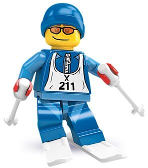 Skier figure by Lego, produced by Lego. Front view.