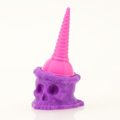 3d printed Ice Scream Man Bite Size purple figure by Brutherford, produced by Brutherford Industries. Front view.