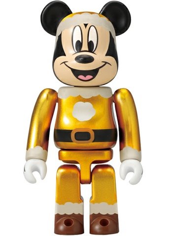 Mickey Mouse Be@rbrick 100% - Santa Ver. Gold Plated figure by Disney, produced by Medicom Toy. Front view.