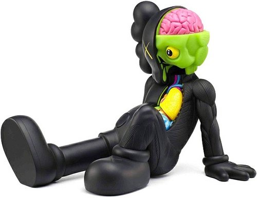 Resting Place - Black figure by Kaws, produced by Medicom Toy. Front view.