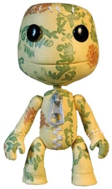 Patterned Sackboy figure, produced by Mezco Toyz. Front view.