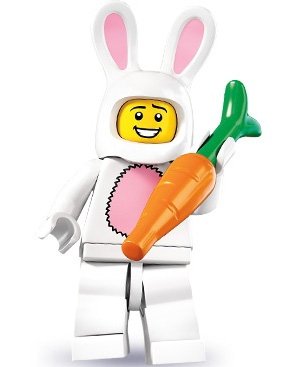 Bunny Suit Guy figure by Lego, produced by Lego. Front view.