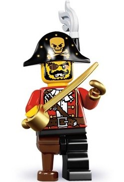 Pirate Capitan figure by Lego, produced by Lego. Front view.