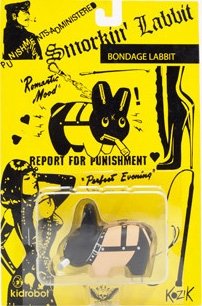 Bondage Smorkin Labbit Mini figure figure by Frank Kozik, produced by Kidrobot. Front view.