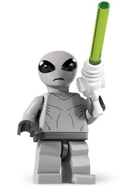 Classic Alien figure by Lego, produced by Lego. Front view.