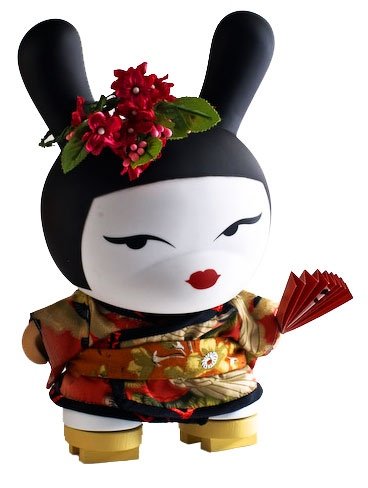Red Geisha Dunny figure by Huck Gee, produced by Kidrobot. Front view.