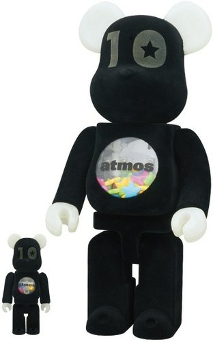 Atmos 10th Anniversary Be@rbrick - 100% & 400% GID, Flocked Set   figure by Atmos, produced by Medicom Toy. Front view.
