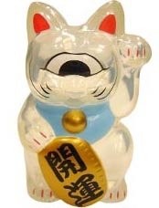 Mini Fortune Cat - Clear w/ Blue Collar figure by Mori Katsura, produced by Realxhead. Front view.