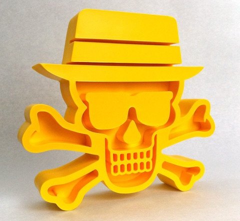 Heisenberg Skull & Bones - Hazmat Yellow figure by Tristan Eaton, produced by Pretty In Plastic. Front view.