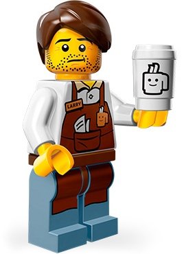 Larry The Barista figure by Lego, produced by Lego. Front view.