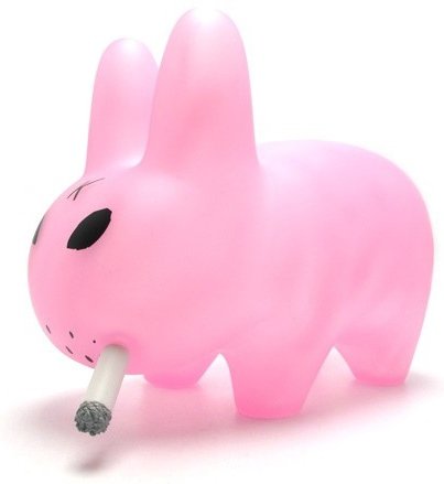 Smorkin’ Labbit - Clear Pink figure by Frank Kozik, produced by Kidrobot. Front view.