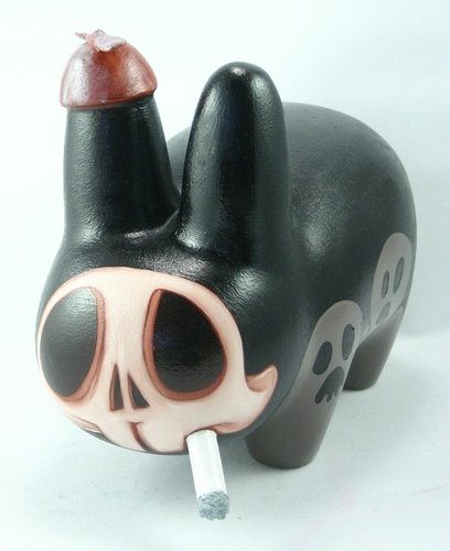 Smoking Death Rabbit with Skull figure by Kathie Olivas, produced by Kidrobot. Front view.
