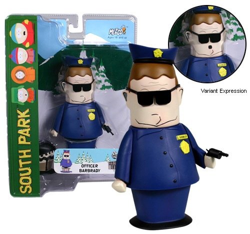 Officer Barbrady figure by Matt Stone & Trey Parker, produced by Mezco Toyz. Front view.