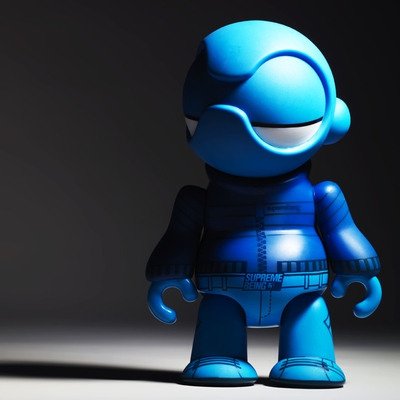 Cyan figure, produced by Supreme Being. Front view.