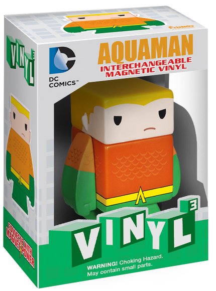Vinyl³ Aquaman figure by Dc Comics, produced by Funko. Packaging.