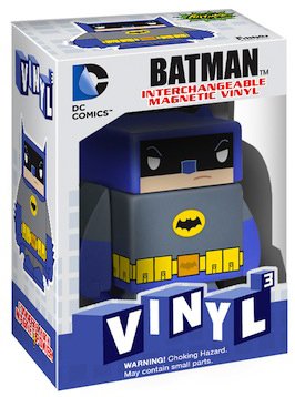Vinyl³ Batman figure by Dc Comics, produced by Funko. Packaging.