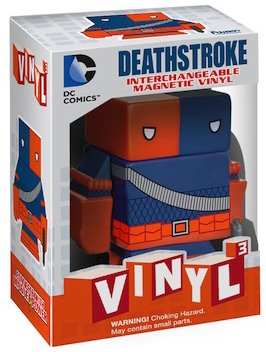 Vinyl³ Deathstroke figure by Dc Comics, produced by Funko. Packaging.