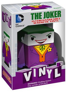 Vinyl³ The Joker figure by Dc Comics, produced by Funko. Packaging.