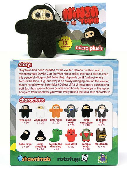 WEE NINJA figure by Shawn Smith (Shawnimals), produced by Squibbles Ink & Rotofugi. Packaging.