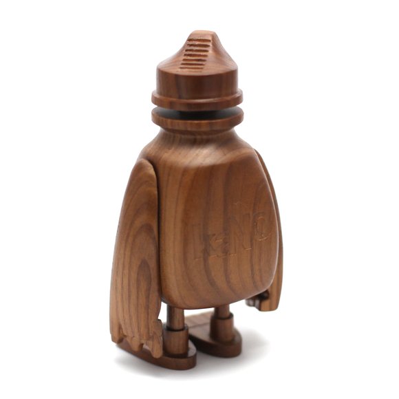 Wooden Bodega figure by Kano, produced by Knocks On Wood. Back view.