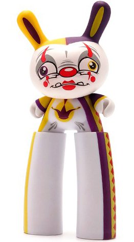 Yellow/Purple Clown Dunny figure by Scribe, produced by Kidrobot. Front view.